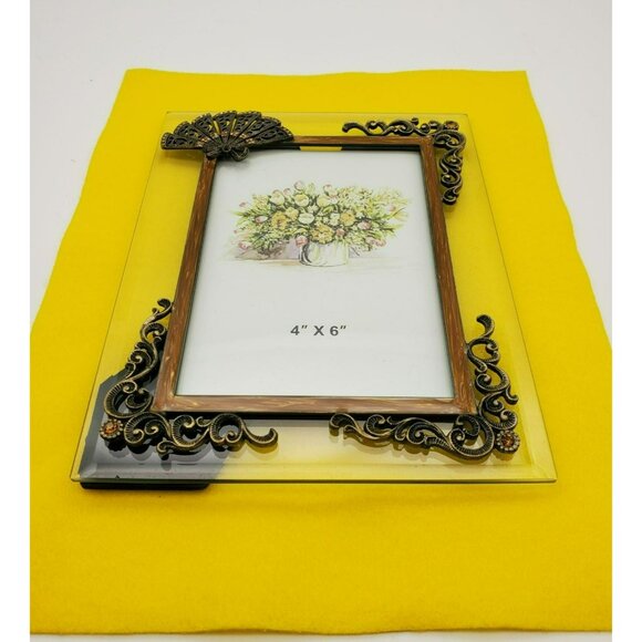 NWOT Glass Bronze Metal Fan Ornamental Scrolls Photo Frame w/Citrone Rhinestones - Picture 7 of 14